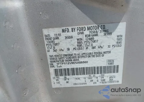 2006 Ford F-150 Lariat/Xl/Xlt из США, поврежденный, VIN 1FTPX12V86NA88560